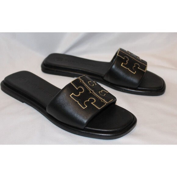 TORY BURCH WOMEN'S DOUBLE T SPORT SLIDE PATENT LEATHER BLACK GOLD SZ 8 NEW - Picture 6 of 6